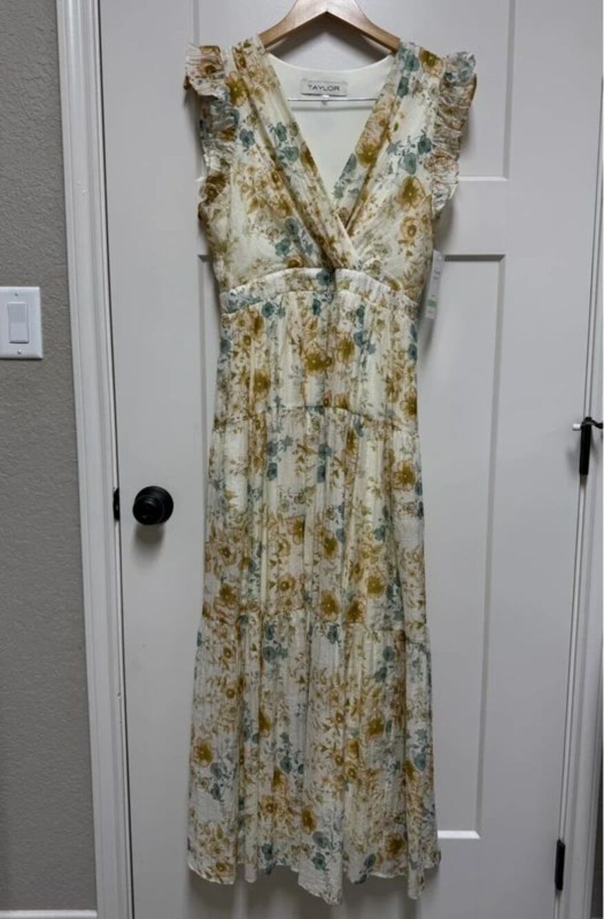 Taylor Womens Size 8 Floral Ruffle Sleeve Tiered Maxi Dress NWT Ivory Green